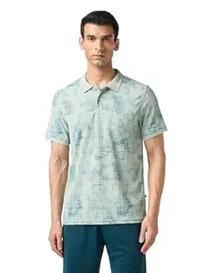 TECHNOSPORT Men's Printed Slim Fit Polo Collar T-Shirt MATPIQ Half Sleeve Button Polyester for Gym Running Workout UPF50+ Anti Odour