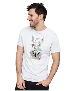 Men's & Women's Regular Fit T-Shirt Geometric Dear 100% Cotton Unise T-Shirt White; _GEOMTD03-White L Men Round_bz