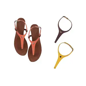 Cameleo -changes with You! Women's Plural T-Strap Slingback Flat Sandals | 3-in-1 Interchangeable Leather Strap Set | Orange-Brown-Yellow