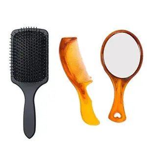 FEELHIGH 3 Combo Set Of Hair Comb,Mirror And Paddle Hair Brush with flexible Nylon bristles having Anti static ball tips For Grooming, Detangling Hair, ideal for Men, Women & Kids