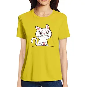 Pooplu Women's Regular Fit Tshirt Cute Cat Cotton Printed Round Neck Half Sleeves Animal, Cute Animal Pootlu Tees and Tshirts.(Oplu_Yellow_3X-Large)