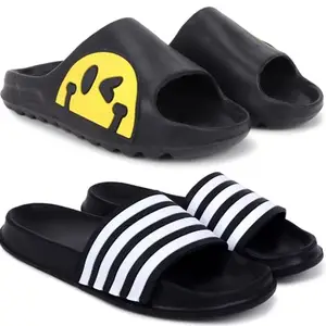 Pampy Angel Combo Pack of 2 Slipper/Flip Flops/Slides/Clogs/Sandals with Adjustable Back Strap for Men,(Y-To-Eyes-Black,4Line-Black),6 (UK/India)