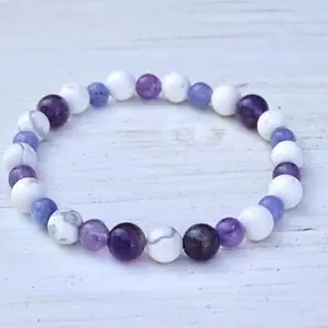 LKBEADS Natural Amethist, Howlite & Aquamarine 6-8mm Round Shape Smooth Cut Beads 7 inch Stretchable Bracelet for Men & Women|STBR_RR_00310_70