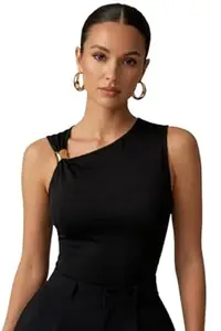 TIVANTE Solid Asymmetric Neck Crop Top with Buckle Detail for Women Stylish Western | Sleeveless top for Women | Korean top