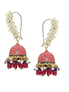 OOMPH Jewellery Pink Meenakari Enamel Pearls Ethnic Jhumka Earrings For Women & Girls Stylish Latest (EHC79_AOR1)
