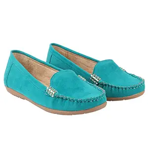 Stylestry Women and Girls Turquoise Blue Solid Suede Loafers