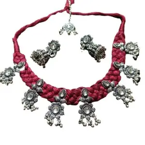 Traditional Oxidised Floral Necklace and Jhumka Earring Set with Maroon Thread, Antique Finish