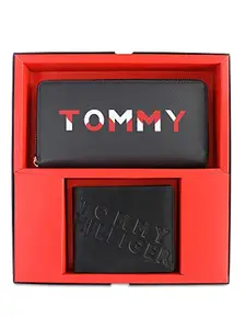 Tommy Hilfiger Ian Unisex Leather Gift Set Including 1 Pc Mens Global Coin Wallet & 1 PC Womens Zip Around Wallet Navy