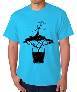 Caseria Men's Round Neck Cotton Half Sleeved T-Shirt with Printed Graphics - African Colour Tree (Sky Blue, XXL)