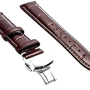 Ewatchaccessories 22mm Genuine Leather Watch Band Strap Fits 65726, 10106 Brown With White Stich Deployment Silver Buckle