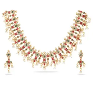 Rubans 24K Gold-Plated Handcrafted Artificial Jewelry Set with Ruby, Emerald Studs-Multicolour & Gold Beads with Earrings For Women and Girls – Perfect for Weddings and Special Occasions