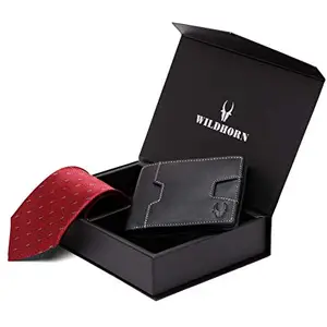 WildHorn Leather Wallet And Tie Combo For Men, Black