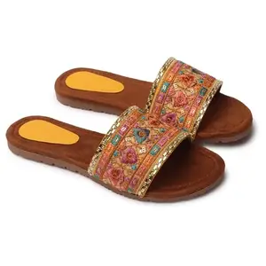 Women's Designer Chappal Flip-Flops Slip-On Flats Sandals (Yellow)