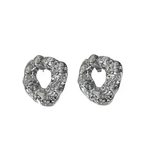 VIEN® Vintage Tarnish Free Earrings Hollow Geometric Pleated Pattern Earrings Stainless Steel Stud Earring (SILVER)