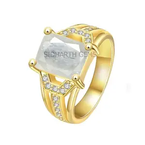 Jemskart 7.25 Ratti / 6.25 Carat Gold Plated Ring Natural White Sapphire Stone Certified Safed Pukhraj Adjaistaible Ring Birthstone Precious Loose Gemstone