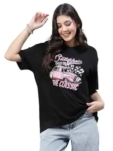 Popster Black Printed Cotton Round Neck Oversized Half Sleeve Womens T-Shirt (POP0118806-M)