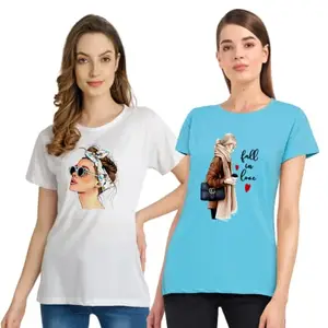 CHOZI Printed Cotton Casual T-Shirts Combo for Girls & Women, for Summer, Round-Neck, Regular Fit (5XL,White and Light Blue - 3)