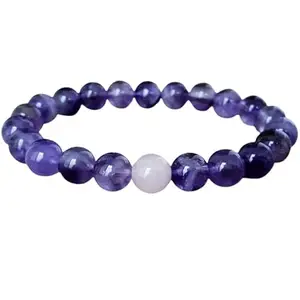 RRJEWELZ 8mm Natural Gemstone Amethyst With Rose Quartz Round shape Smooth cut beads 7.5 inch stretchable bracelet for men & women. | STBR_RR_02556