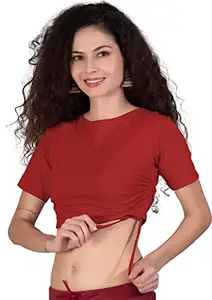 THE BLAZZE B4053 Women's Stylish Half Sleeve Drawstring Crop Top Readymade Saree Blouse for Women (XL, Red)