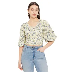 HYPERNATION Yellow & Blue Floral Print V-Neck Rayon Crop Top (HYPW03692, S)