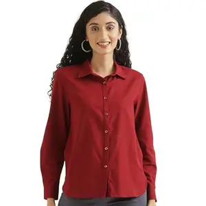SAADAA Airy Linen Shirt | Women's Solid Casual Shirt | Regular Fit, Stylish (L, Maroon)