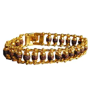 KIMTI Rudraksha Bracelet For Men Original 5 Mukhi (Panchmukhi) With Certificate | Gold Plated Metal | Mahakal Bracelet For Men | Stylish (Regular)