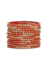 1st Time Stylish Glass Bangle/Kada- Perfect For Party, Celebrations, Wedding & Functions, Orange, Pack Of 12- C2