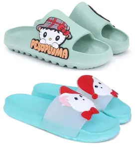 Pampy Angel Combo Pack of 2 Slipper/Flip Flops/Slides/Clogs/Sandals for Women,(T-Peso-Green,HatCat-Blue),39 (Euro)