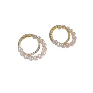 MAYA COLLECTION Elegant Circle Pearl Stud Earrings, Gold Plated Crystal Rhinestone Hoop Design, Fashion Luxury Women's Jewelry