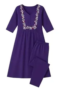 Women’s Embroidered Kurti Pant Set | Floral Thread Work Straight Kurta with Elastic Waist Pants | 3/4 Sleeve V-Neck Ethnic Wear for Daily, Office & Casual Wear (Purple)