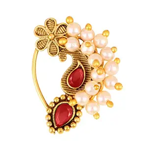 VFJ VIGHNAHARTA FASHION JEWELLERY Vighnaharta Gold Plated with Pearl Alloy and Artificial stone Non Piercing Maharashtrian Nath Nathiya./ Nose Pin valentine day gift valentineday gift for her gift for him gift for women gift for women [VFJ1203NTH-Press-Red]