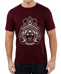 Caseria Men's Round Neck Cotton Half Sleeved T-Shirt with Printed Graphics - Kali Maa Face (Maroon, L)