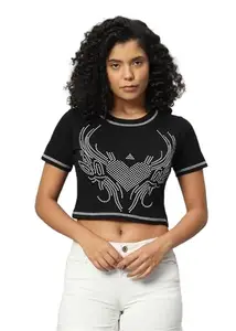 FUNDAY FASHION Women Printed Boat Neck Cotton Blend T-Shirt (X-Large, Black)