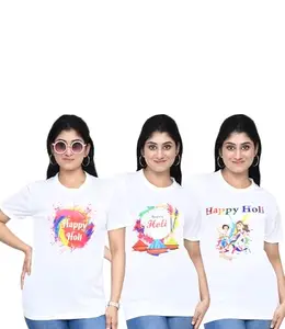 SWAGATA Enterprise Women's Casual Graphic Printed Holi T-Shirt Combo I Regular Fit Round Neck Air Jet Tshirt for Women I Unisex Tshirt Combo, Pack of 3 - White/Multi3 (Size - S)