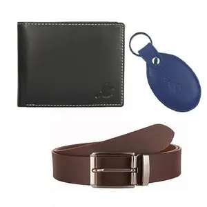 Hornbull Men's Black Wallet, Navy Key Ring and Brown Belt Combo BW3050