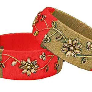 HARSHAS INDIA CRAFT Silk Thread Bangles Worked Broad Kada Bangles With Kundan Stones Bangle set (Gold-Red) (Pack of 2) (Size-2/2)