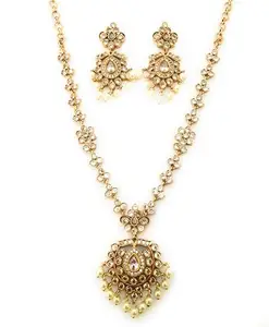 Sasitrends Elegant Matt Gold-Plated Brass Jewellery Necklace Set with American Diamonds and Pearl Accents for Women & Girls