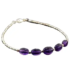 LKBEADS Amethyst Bracelet with Silver Plated Clasp – 4x7mm Oval Beads – Faceted Cut – 7 inch – Healing, Fashion, Gift, Spiritual, Yoga|LK_STACK_00233