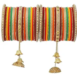 Rijoli Handcrafted Non-Precious metal Alloy Gold-plated Colored gemstone zircon studded kada with velvet bangles fancy glossy latkan bangle set for Women and Girls-(Pack of 50)
