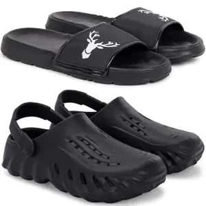 Pampy Angel Combo Pack of 2 Slipper/Flip Flops/Slides/Clogs/Sandals with Adjustable Back Strap for Men,(Singa-Black,Cl-200-Black),9 (UK/India)