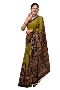 SKYNETCRAFT Women's’s Mulmul Cotton Printed Saree with Blouse Piece | Soft Lightweight Breathable Cotton Saree | Floral Ethnic Traditional Saree for Daily & Office Wear (Olive Green & Black)