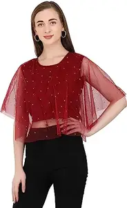 Trendy Women Stylish Ethnic Sequin Sheer net Short Cute Pearl Embellished Glitter Fancy Party Crop Cape Sleeveless Plus Size Ladies Tops Blouses for Skirts Lehenga