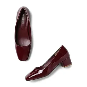 Marc Loire Women Square Toe Solid Block Heel Pumps for Office, Party and Formal Wear (Cherry, Numeric_5)