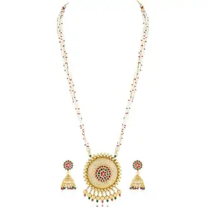 Peora Gold Plated Rani Pink & Green Synthetic Stone & Beads Studded Long Necklace & Jhumki Earrings Traditional Jewellery Set for Women & Girls