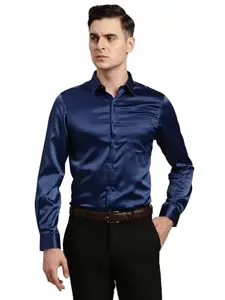 Turtle Men Poly Satin Dark Blue Solid Regular Fit Party Shirt