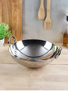 BlueFinger Stainless Steel Kitchen Kadhai with Handle for Cooking/Deep Frying, Roasting Daily Use Home, Kitchen, Hotel, Restaurant Heavy Quality Round Bottom / Deep Kadhai / 3 mm Thick, Silver Color (24 CM) price in India.