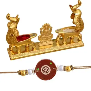 AC ANAND CRAFTS Rakhi For Brother With Gift Dual Metal Lord Lakshmi in Lotus with Elephant kumkum holder Golden Color Ganesha Rakhi Comes With Free Roli Chawal And Happy Rakhi Greeting Card