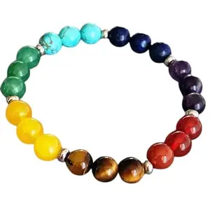 RRJEWELZ Natural 7 Chakra Stone Round Shape Smooth Cut 10mm Beads 7.5 inch Stretchable Bracelet for Healing, Meditation, Prosperity, Good Luck | STBR_00003