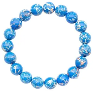 RRJEWELZ Natural Blue Imperial Jasper 10mm Round Shape Smooth Cut Beads 7 Inch Stretchable Bracelet For Men & Women. Unisex Bracelet For Healing, Meditation, Prosperity, Gift & Luck|STBR_RR_10379_7.0