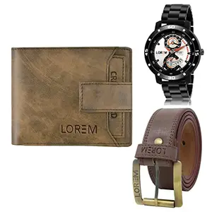 LOREM Mens Combo of Watch with Artificial Leather Wallet & Belt FZ-LR107-WL23-BL02